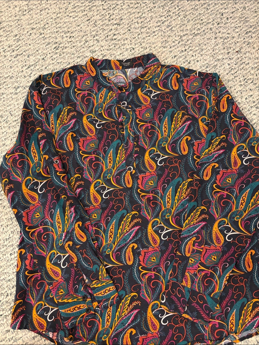 Men's Black Paisley Button-Up Shirt with Multicolor Print